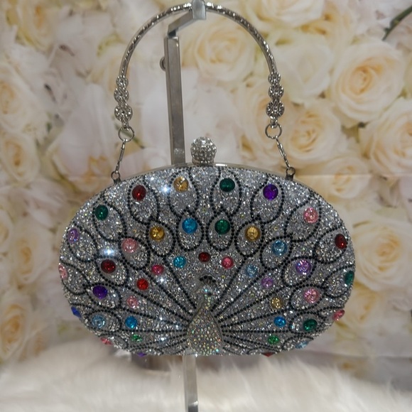 Silver Peacock Clutch with Colorful Gemstones - Picture 1 of 8